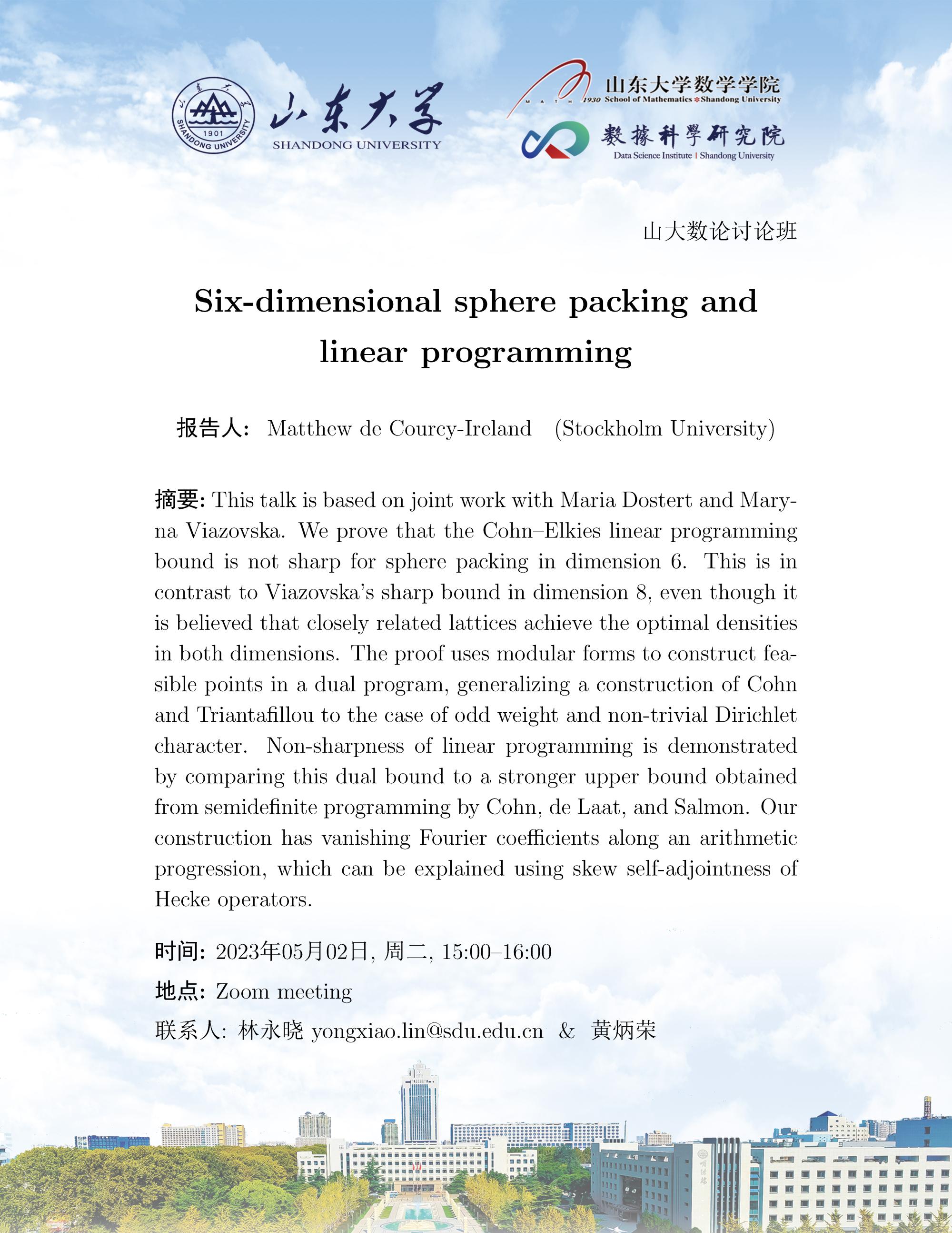 Six dimensional sphere packing and linear programming 