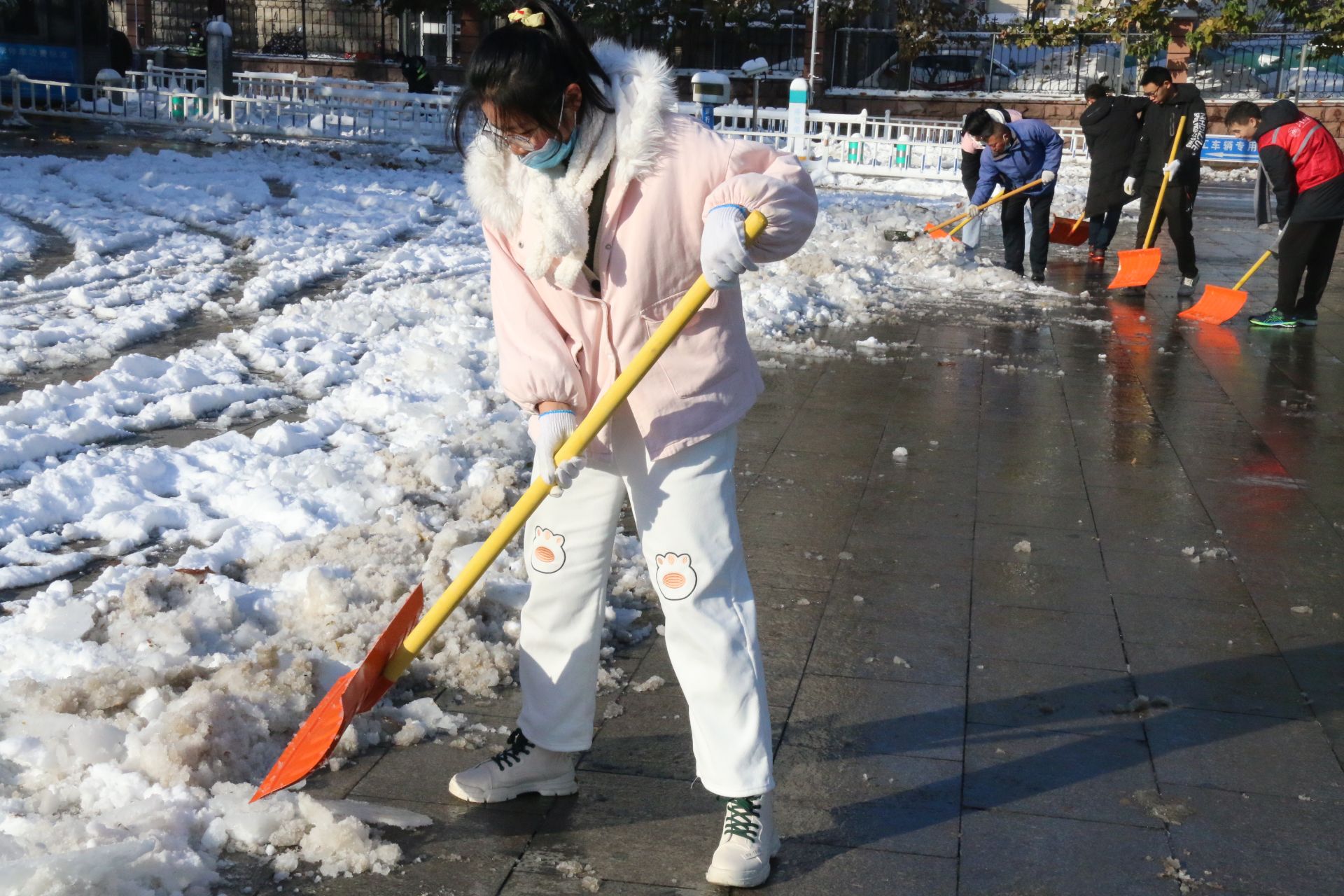 女生扫雪照片图片